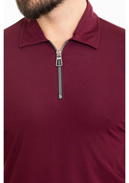 Düz Bordo Slim Fit Fermuarlı Polo Yaka Erkek T-Shirt fiyatları