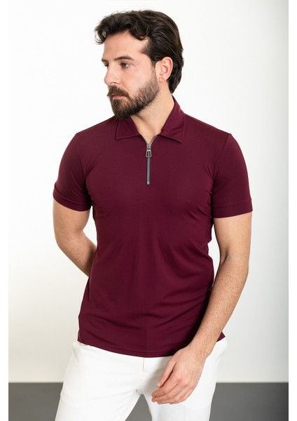 Düz Bordo Slim Fit Fermuarlı Polo Yaka Erkek T-Shirt modelleri