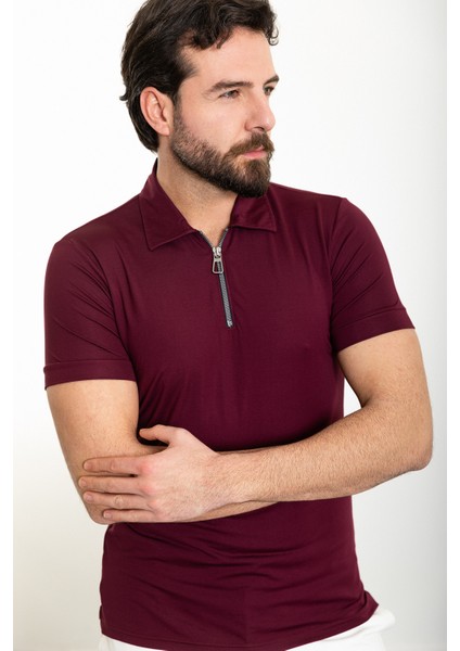 Düz Bordo Slim Fit Fermuarlı Polo Yaka Erkek T-Shirt fırsatları