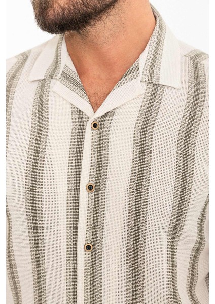 Çizgili Haki Slim Fit Apaç Yaka Kısa Kollu Erkek Gömlek fiyatları