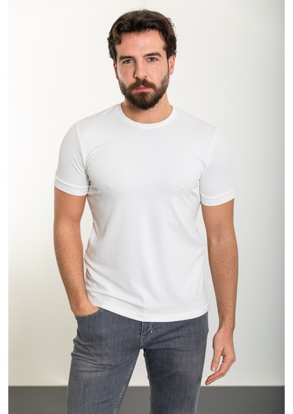 Desenli Ekru Slim Fit Bisiklet Yaka Erkek T-Shirt