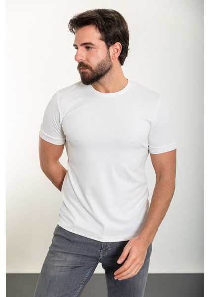 Desenli Ekru Slim Fit Bisiklet Yaka Erkek T-Shirt modelleri