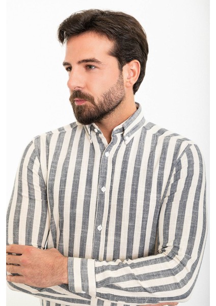 Çizgili Lacivert Slim Fit Uzun Kollu Keten Erkek Gömlek modelleri