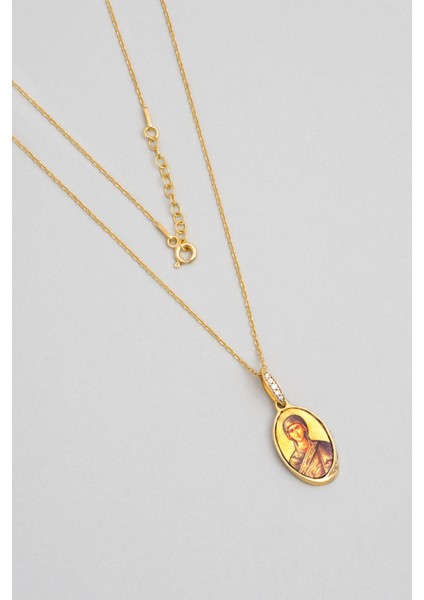 Meryem Ana 18 Ayar Sarı Altın Kaplama 43 cm Gümüş Madalyon Kolye