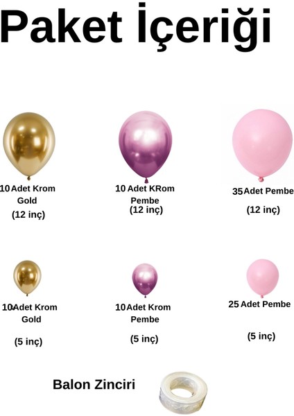 Balon Seti Krom Gold-Krom Pembe-Pastel Pembe 100 Lü Balon Zinciri Seti