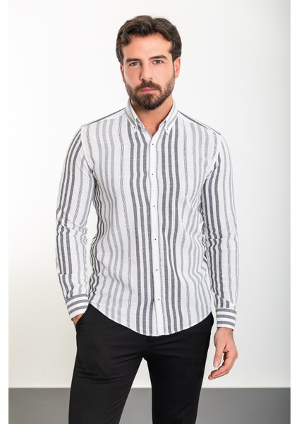 Çizgili Siyah Slim Fit Uzun Kollu Erkek Gömlek