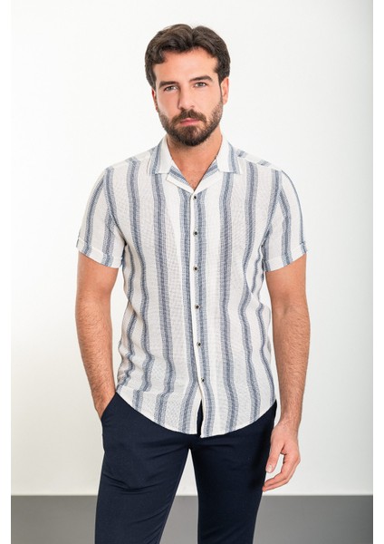Çizgili Lacivert Slim Fit Apaç Yaka Kısa Kollu Erkek Gömlek