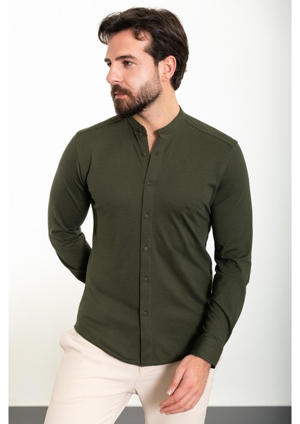 Düz Haki Slim Fit Hakim Yaka Uzun Kollu Erkek Gömlek modelleri
