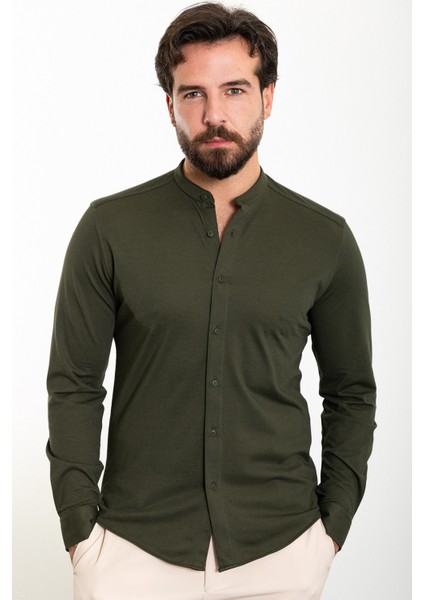 Düz Haki Slim Fit Hakim Yaka Uzun Kollu Erkek Gömlek fırsatları