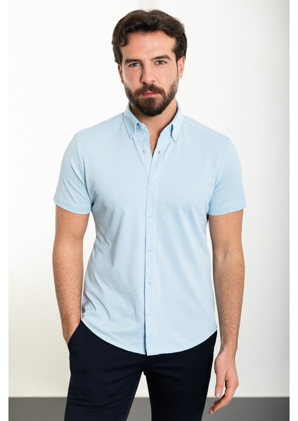 Düz Mavi Slim Fit Kısa Kollu Erkek Gömlek