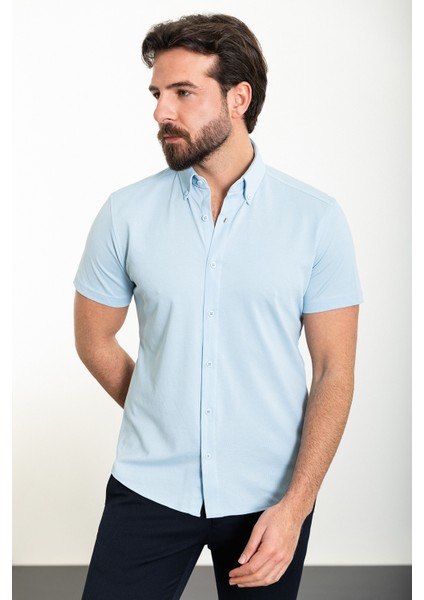 Düz Mavi Slim Fit Kısa Kollu Erkek Gömlek modelleri