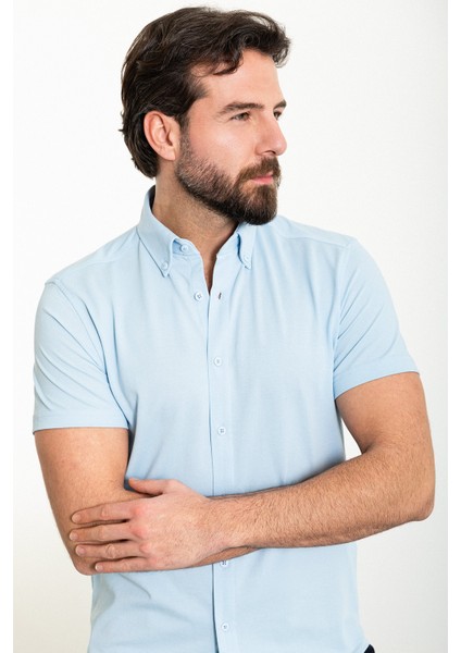 Düz Mavi Slim Fit Kısa Kollu Erkek Gömlek fırsatları