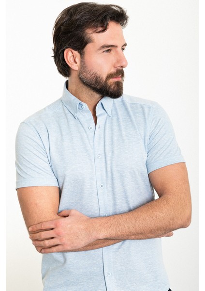 Düz Açık Mavi Slim Fit Kısa Kollu Erkek Gömlek