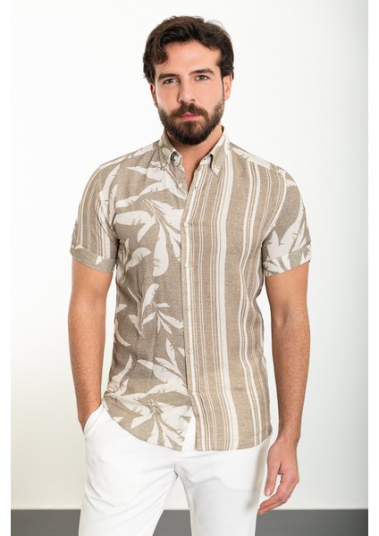 Desenli Haki Slim Fit Kısa Kollu Erkek Gömlek