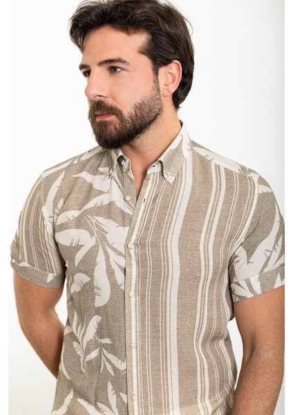 Desenli Haki Slim Fit Kısa Kollu Erkek Gömlek modelleri