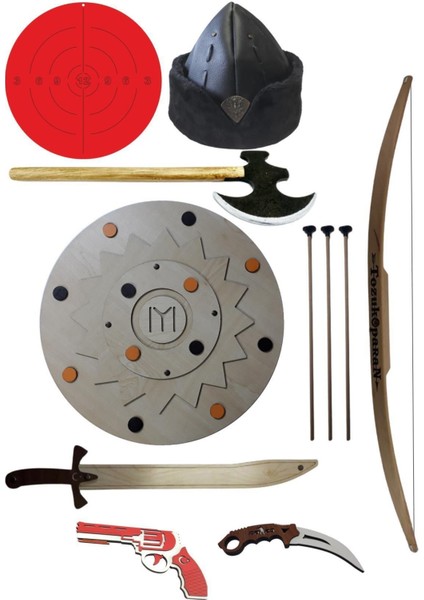 Osmanlı Devlet Armalı Çocuk Börk ve Ahşap Oyuncak Kılıç Kalkan Seti 8 Parça