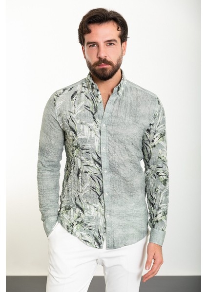 Yaprak Desenli Haki Slim Fit Uzun Kollu Gofre Erkek Gömlek