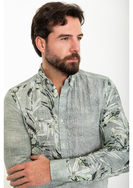 Yaprak Desenli Haki Slim Fit Uzun Kollu Gofre Erkek Gömlek