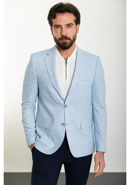 Kırçıllı Mavi Slim Fit Mono Yaka Keten Erkek Ceket modelleri