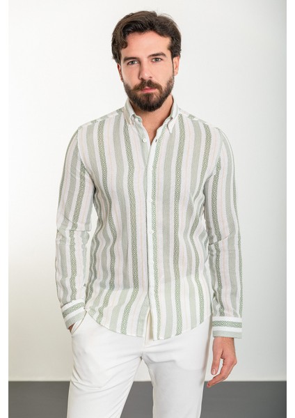 Çizgili Yeşil Slim Fit Uzun Kollu Erkek Gömlek