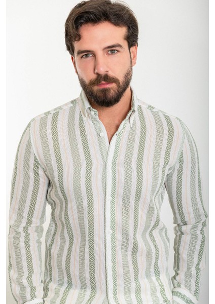Çizgili Yeşil Slim Fit Uzun Kollu Erkek Gömlek fırsatları