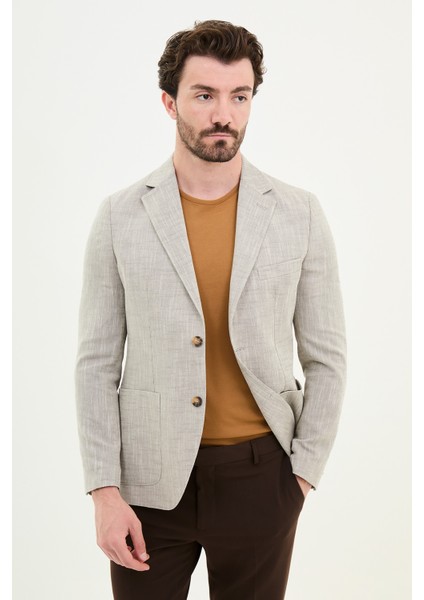 Desenli Kahverengi Slim Fit Torba Cep Mono Yaka Keten Erkek Ceket