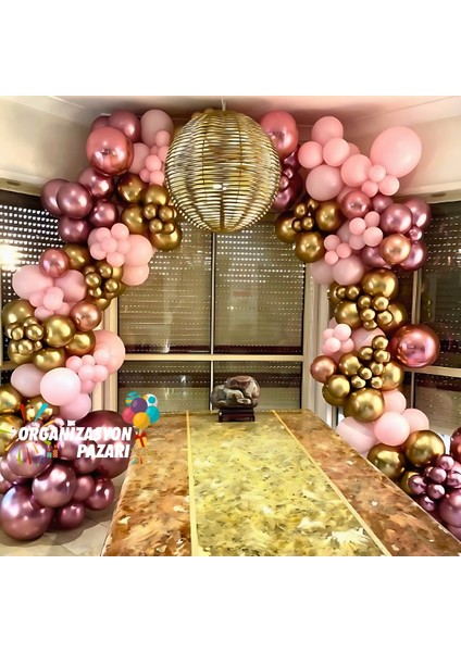 Balon Seti Krom Gold-Krom Pembe-Pastel Pembe 60 Lı Balon Zinciri Seti