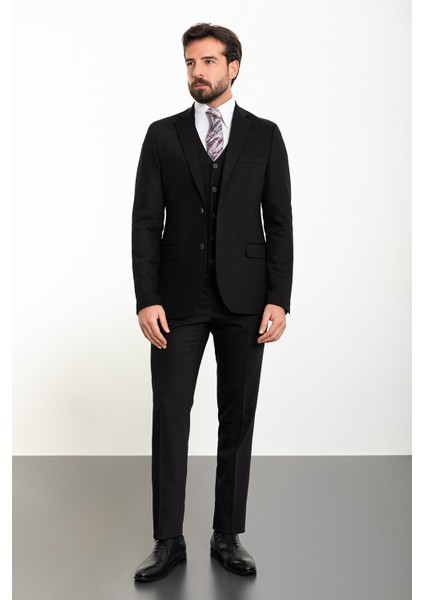 Düz Siyah Slim Fit Mono Yaka 8 Drop Klasik Erkek Takım Elbise