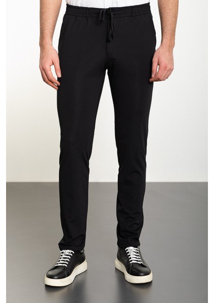 Düz Siyah Super Slim Fit Beli Lastikli İpli Erkek Pantolon