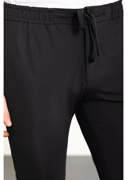 Düz Siyah Super Slim Fit Beli Lastikli İpli Erkek Pantolon