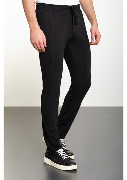 Düz Siyah Super Slim Fit Beli Lastikli İpli Erkek Pantolon