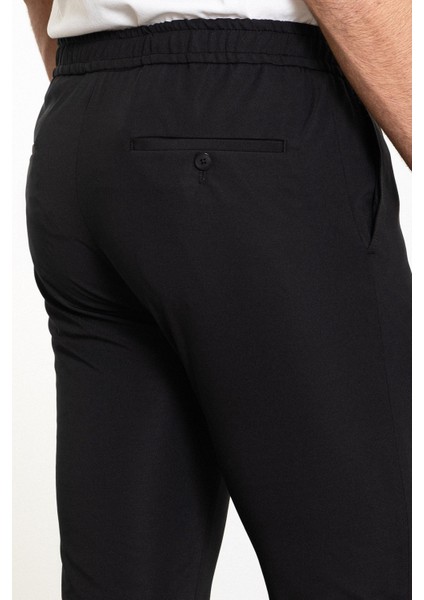 Düz Siyah Super Slim Fit Beli Lastikli İpli Erkek Pantolon
