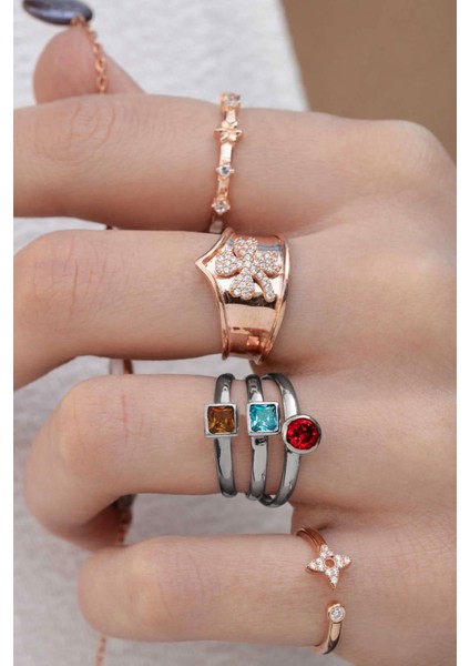 Renkli Taşlı 18 Ayar Beyaz Altın Kaplama Gümüş Yüzük fiyatları