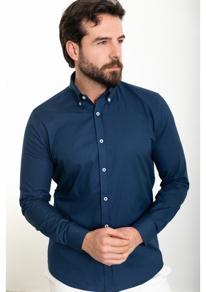 Düz Lacivert Slim Fit Uzun Kollu Erkek Gömlek