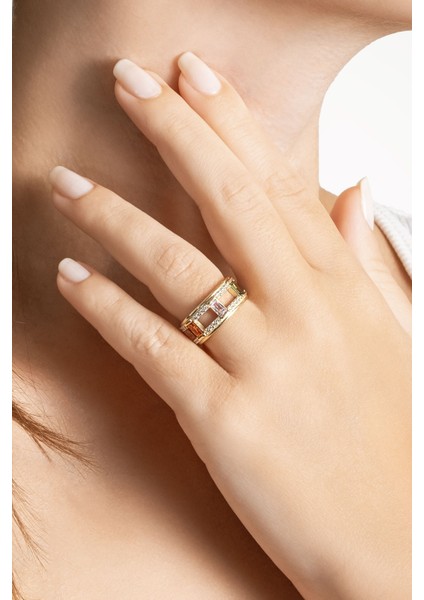 Renkli Taşlar 18 Ayar Sarı Altın Kaplama Gümüş Yüzük fırsatları