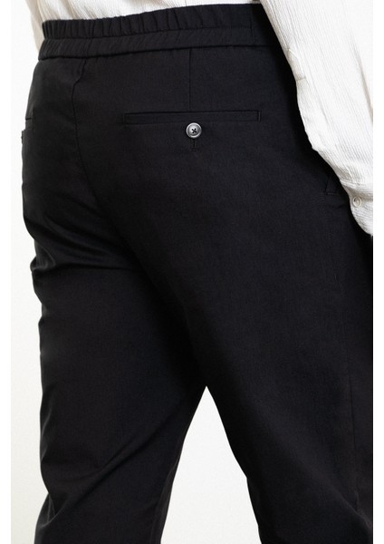 Düz Siyah Super Slim Fit Beli Lastikli Erkek Pantolon