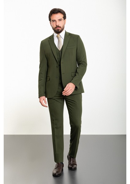 Düz Haki Slim Fit Mono Yaka 8 Drop Klasik Erkek Takım Elbise modelleri