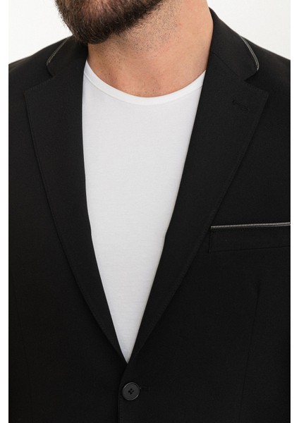 Düz Siyah Slim Fit Mono Yaka Fermuarlı Erkek Takım Elbise