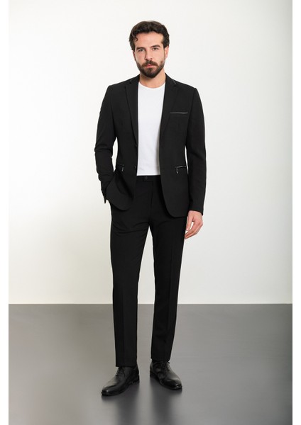 Düz Siyah Slim Fit Mono Yaka Fermuarlı Erkek Takım Elbise