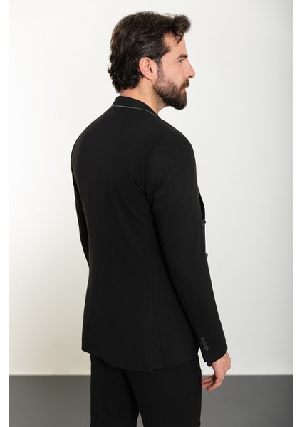 Düz Siyah Slim Fit Mono Yaka Fermuarlı Erkek Takım Elbise