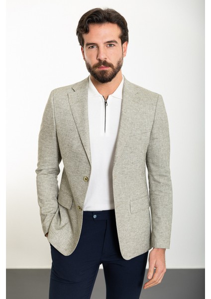 Kırçıllı Haki Slim Fit Mono Yaka Keten Erkek Ceket