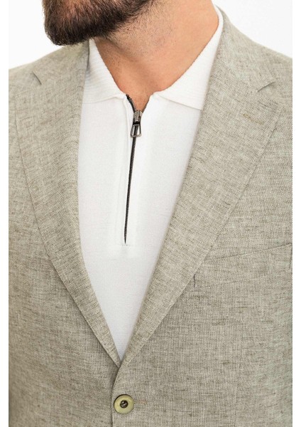 Kırçıllı Haki Slim Fit Mono Yaka Keten Erkek Ceket fiyatları