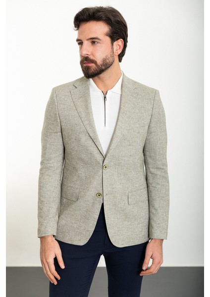 Kırçıllı Haki Slim Fit Mono Yaka Keten Erkek Ceket modelleri
