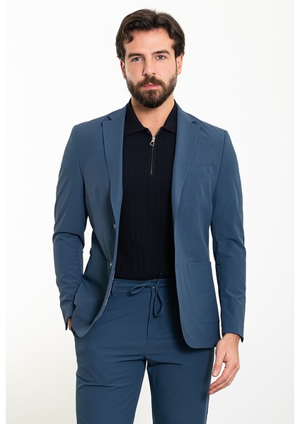 Düz Indigo Slim Fit Torba Cep Mono Yaka Spor Erkek Takım Elbise