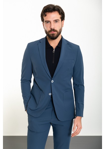 Düz Indigo Slim Fit Torba Cep Mono Yaka Spor Erkek Takım Elbise modelleri