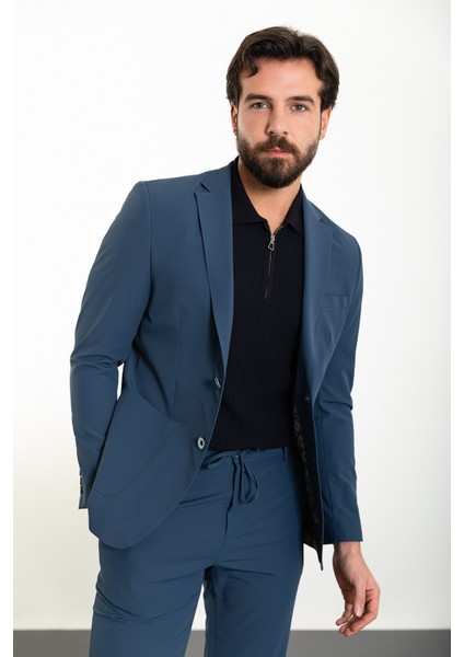 Düz Indigo Slim Fit Torba Cep Mono Yaka Spor Erkek Takım Elbise fırsatları