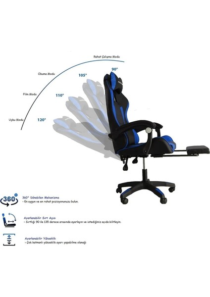 1 Yıl Blue Star Işıklı - Masaj Özellikli Oyuncu Koltuğu Mavi-Siyah Mavi Geriye Doğru Yatabilme Sabi indirimleri