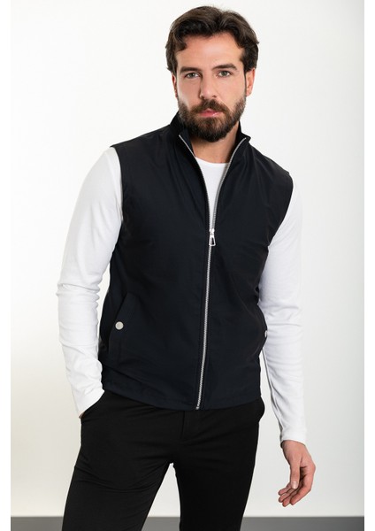 Düz Siyah Slim Fit Hakim Yaka Erkek Yelek modelleri