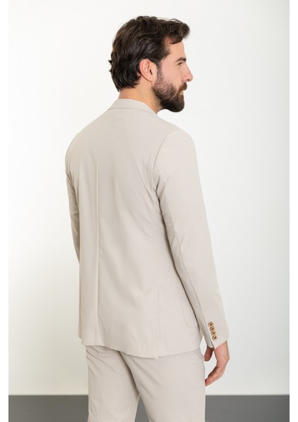 Düz Bej Slim Fit Torba Cep Mono Yaka Spor Erkek Takım Elbise