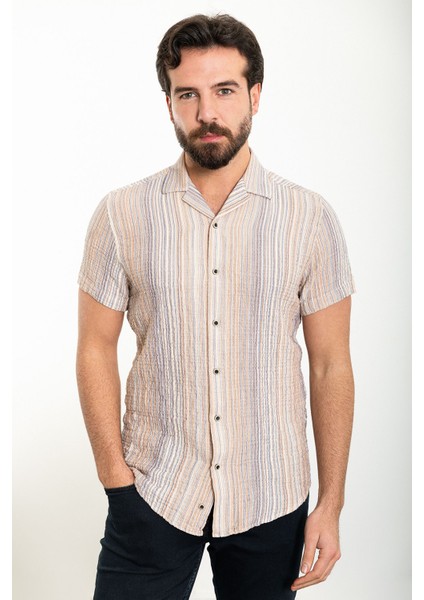 Çizgili Bej Slim Fit Apaç Yaka Kısa Kollu Erkek Gömlek